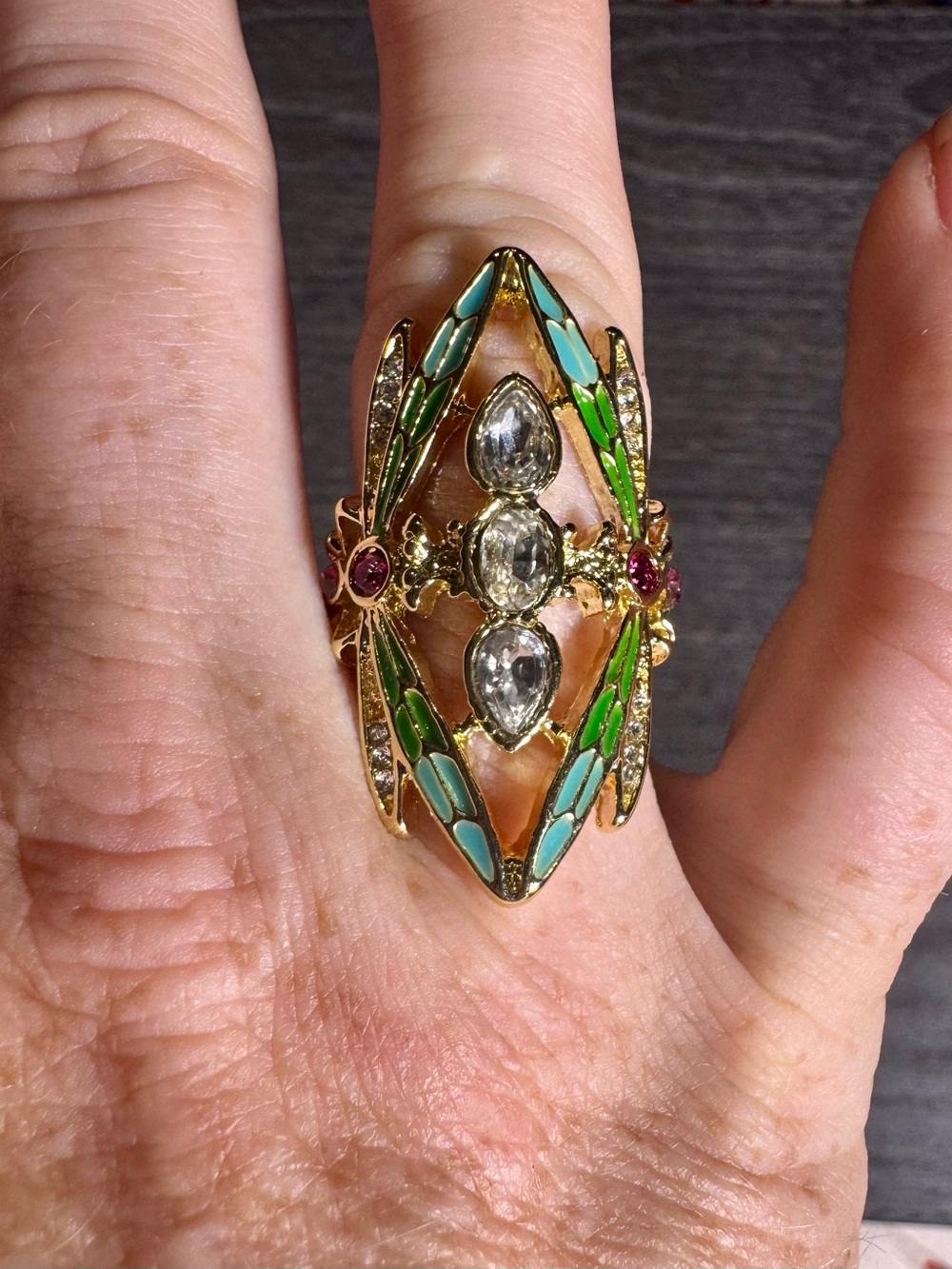 Gold-Tone Green & Turquoise Enamel Statement Ring with Clear Stones